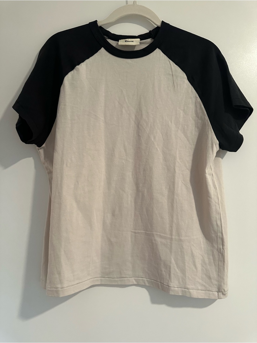 Elwood raglan sleeve t shirt, baseball tee, black and off white, xs